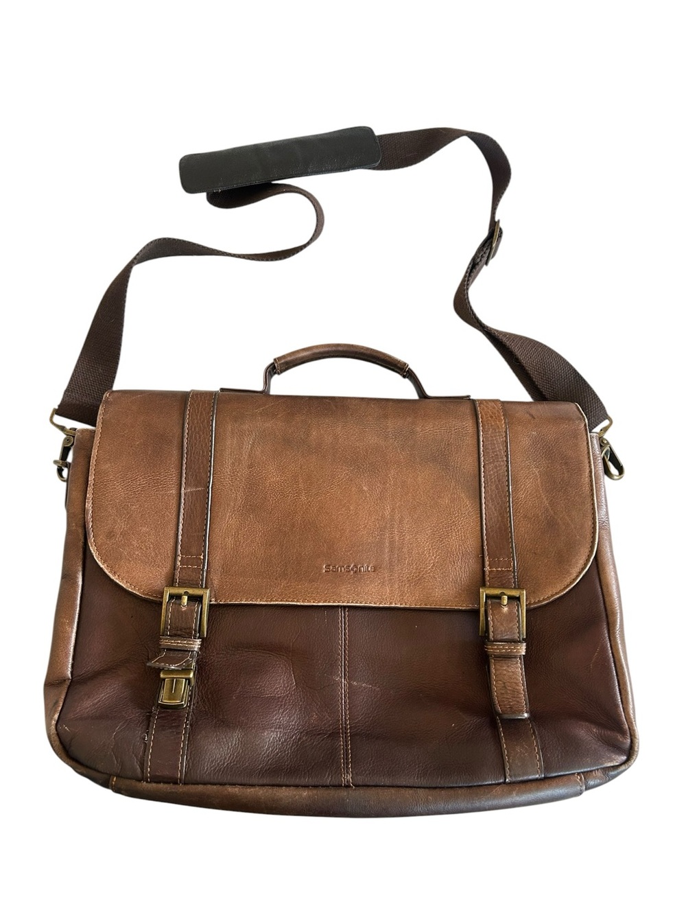Samsonite Vintage Two-tone Brown Leather Flap-Over Messenger Bag Briefcase - Picture 2 of 16